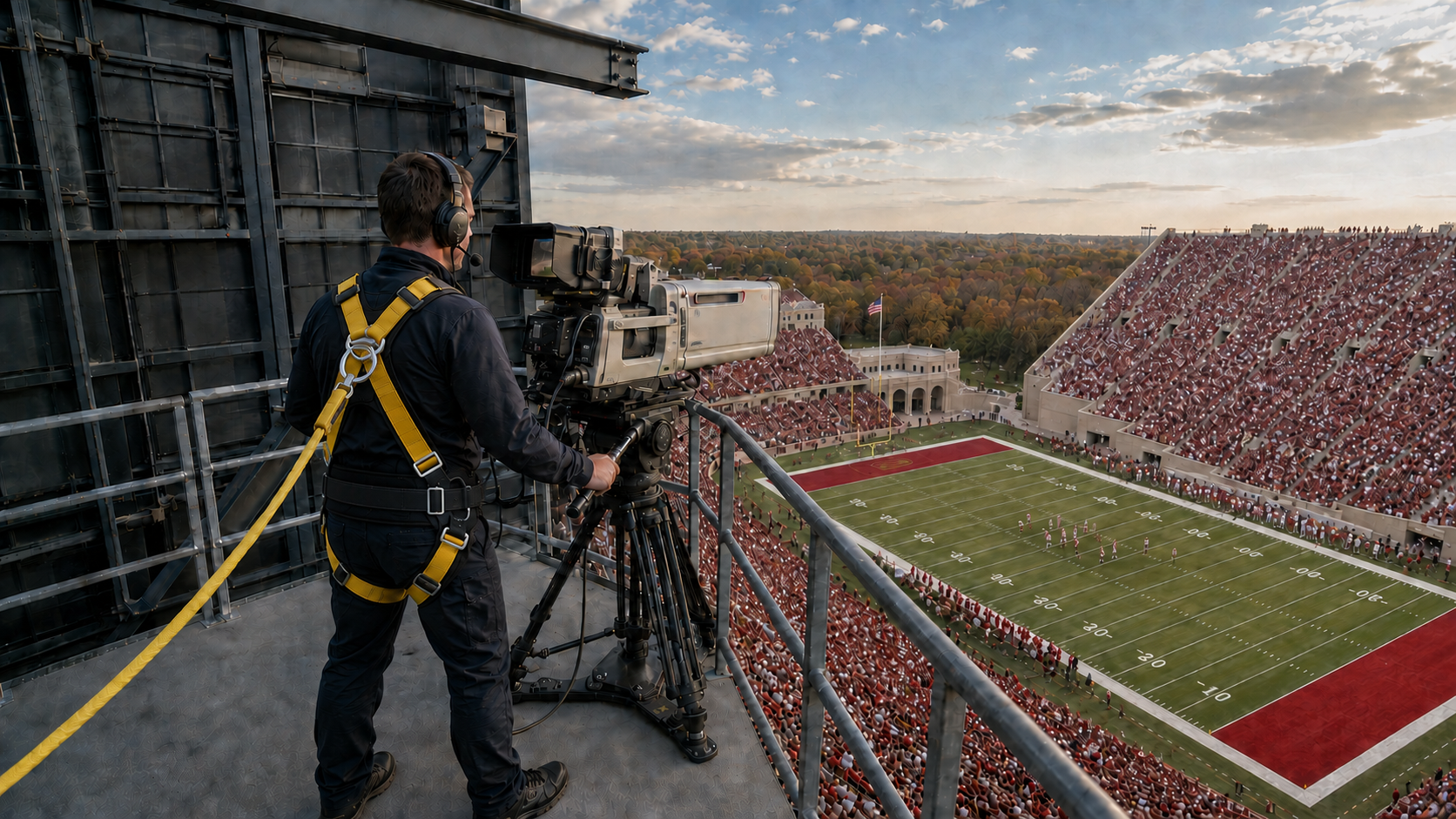 Illustration of a camera operator wearing a fall-arrest harness on an elevated stadium platform overlooking the field